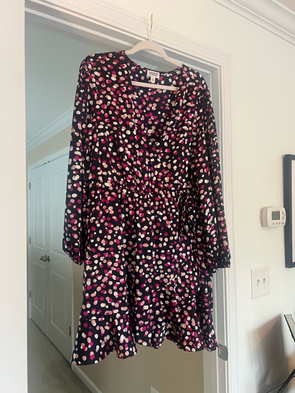 Women’s navy Polka Dot V-Neck Long Sleeve Dress - Pink & Cream Dots